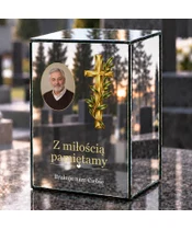 Znicz lustrzany LED – Krzyż z gałązką — ramka ze zdjęciem - dzień na grobie