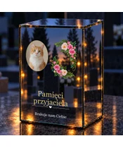Znicz lustrzany LED – Kwiaty pamięci — ze zdjęciem kota - noc na grobie