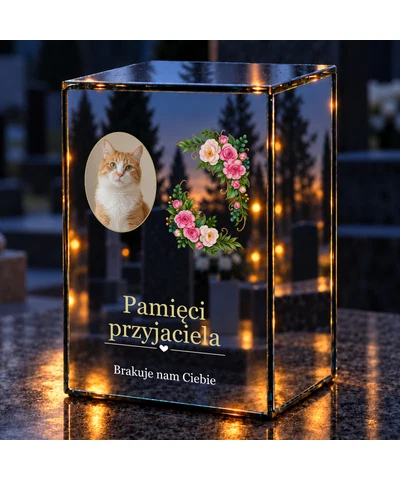 Znicz lustrzany LED – Kwiaty pamięci — ze zdjęciem kota - noc na grobie