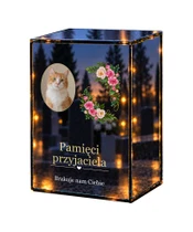 Znicz lustrzany LED – Kwiaty pamięci — ze zdjęciem kota - białe tło