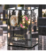 Znicz lustrzany LED – Kwiaty pamięci — ze zdjęciem kota - dzień na grobie