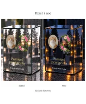 Znicz lustrzany LED – Kwiaty pamięci — ze zdjęciem kota - dzień i noc