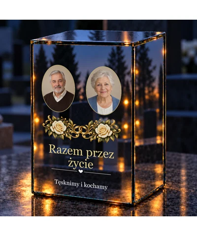 Znicz lustrzany LED – Róże i obrączki — dwa zdjęcia - noc na grobie
