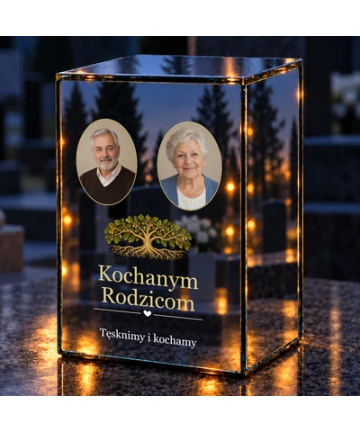 Znicz lustrzany LED – Drzewo pamięci — dla Rodziców, dwa zdjęcia - noc na grobie