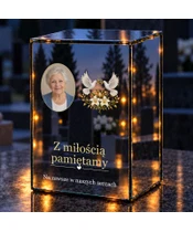 Znicz lustrzany LED – Gołębie i lilie ze zdjęciem - noc na grobie