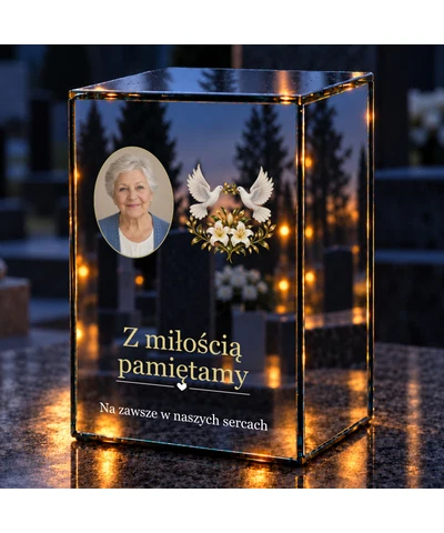 Znicz lustrzany LED – Gołębie i lilie ze zdjęciem - noc na grobie