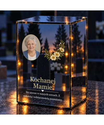 Znicz lustrzany LED – Kwiaty pamięci — dla Mamy ze zdjęciem - noc na grobie