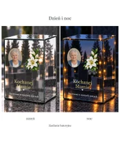Znicz lustrzany LED – Biała lilia — dla Mamy ze zdjęciem - dzień i noc