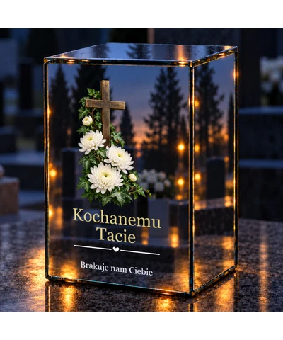 Znicz lustrzany LED – Krzyż wśród chryzantem - noc na grobie