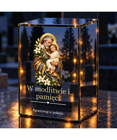 Znicz lustrzany LED – Święty Józef z Dzieciątkiem i liliami - noc na grobie