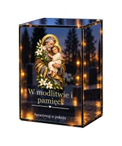 Znicz lustrzany LED – Święty Józef z Dzieciątkiem i liliami - białe tło
