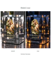 Znicz lustrzany LED – Święty Józef z Dzieciątkiem i liliami - dzień i noc