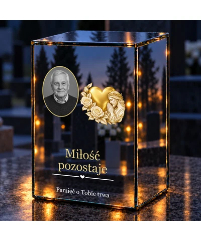 Znicz lustrzany LED – Złote serce ze zdjęciem - noc na grobie