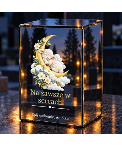 Znicz lustrzany LED – Baranek na księżycu dla dziecka - noc na grobie