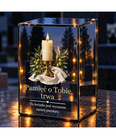 Znicz lustrzany LED – Płomień wśród oliwnych gałązek - noc na grobie
