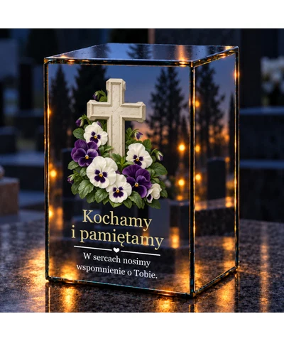 Znicz lustrzany LED – Bratki przy kamiennym krzyżu - noc na grobie