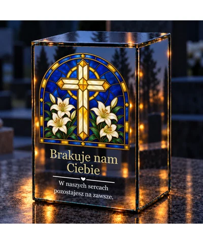 Znicz lustrzany LED – Krzyż wśród białych lilii w witrażu - noc na grobie