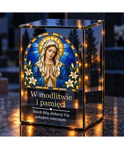 Znicz lustrzany LED – Maryja w modlitwie w witrażu - noc na grobie