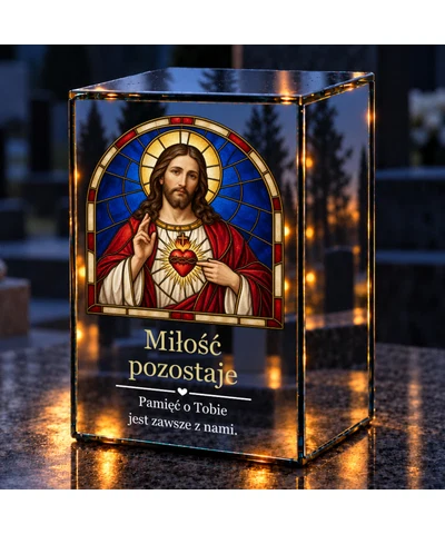 Znicz lustrzany LED – Serce Jezusa w witrażu - noc na grobie