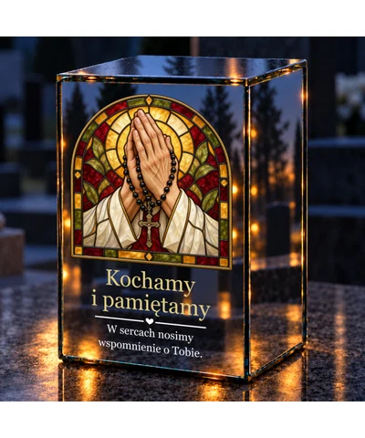 Znicz lustrzany LED – Różaniec pamięci w witrażu - noc na grobie