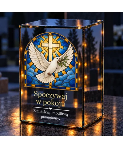 Znicz lustrzany LED – Gołąb pokoju w witrażu - noc na grobie