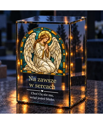 Znicz lustrzany LED – Anioł cichej modlitwy w witrażu - noc na grobie