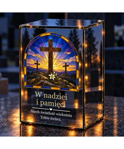 Znicz lustrzany LED – Krzyże na Golgocie w witrażu - noc na grobie