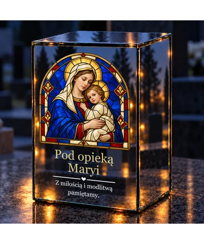 Znicz lustrzany LED – Matka Boża z Dzieciątkiem w witrażu - noc na grobie