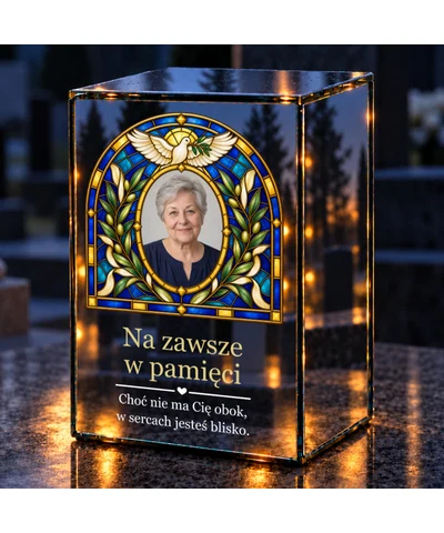 Znicz lustrzany LED ze zdjęciem – Gołąb pokoju w witrażu - noc na grobie