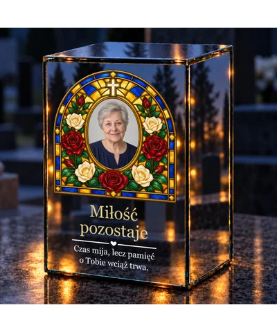 Znicz lustrzany LED ze zdjęciem – Róże wiecznej pamięci w witrażu - noc na grobie