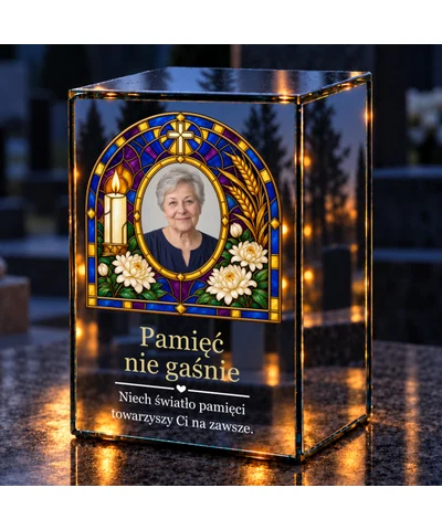 Znicz lustrzany LED ze zdjęciem – Światło i modlitwa w witrażu - noc na grobie