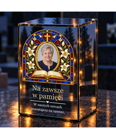 Znicz lustrzany LED ze zdjęciem – Księga pamięci w witrażu - noc na grobie