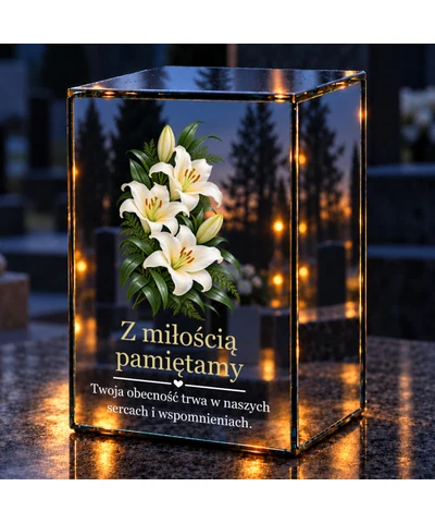 Znicz lustrzany LED – Białe lilie - noc na grobie