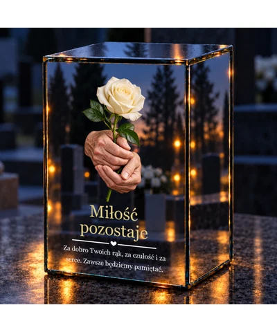 Znicz lustrzany LED – Dłonie z różą - noc na grobie