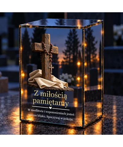 Znicz lustrzany LED – Krzyż i różaniec - noc na grobie